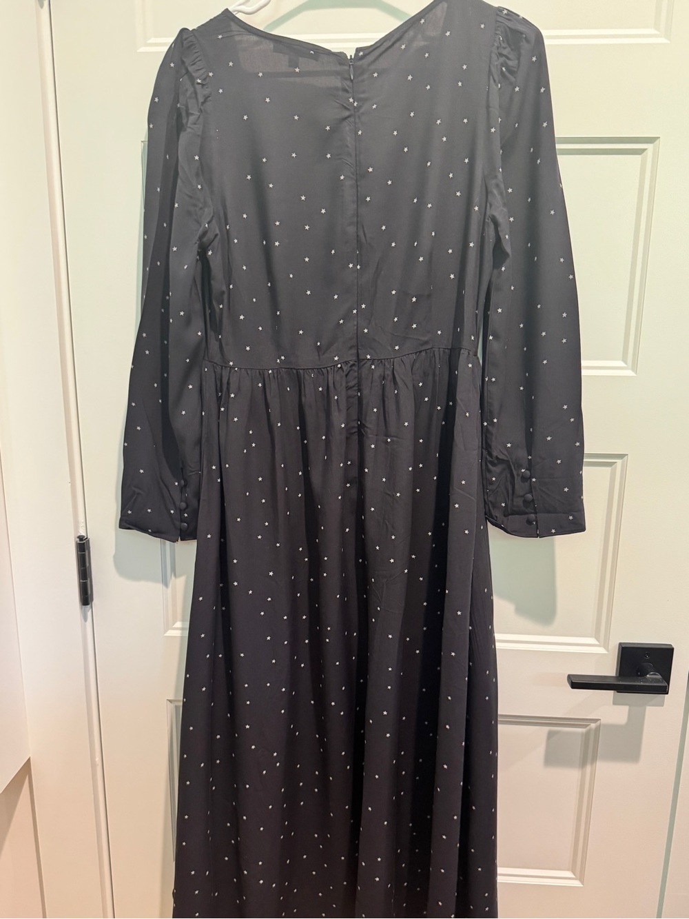 Classic Black Long Sleeve Midi Dress with Subtle Dot Print